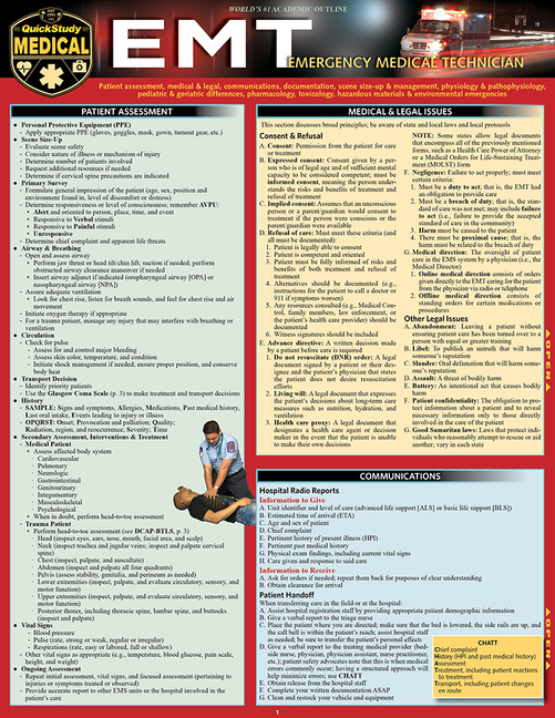 Emt- Emergency Medical Technician: A Quickstudy Laminated Reference Guide (First Edition, New Editio
