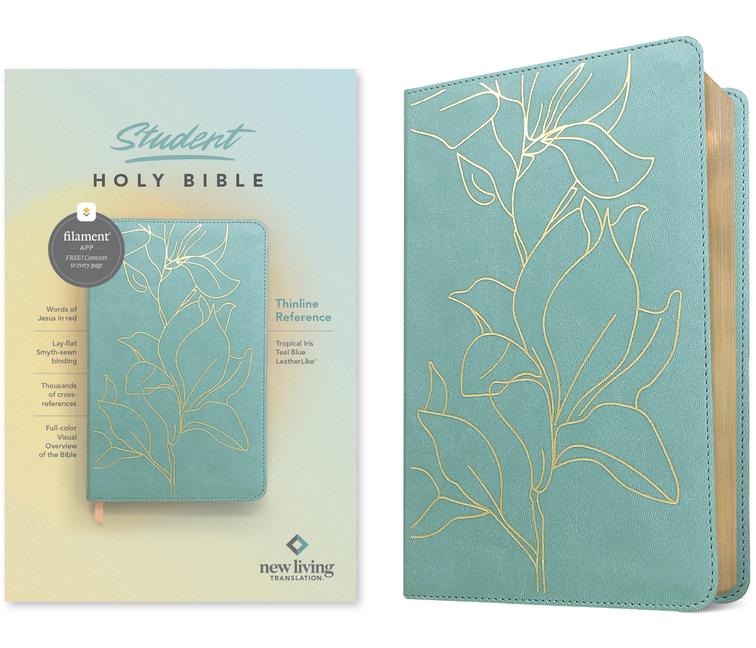 NLT Student Bible, Thinline Reference, Filament Enabled (Leatherlike, Tropical Iris Teal Blue, Red L