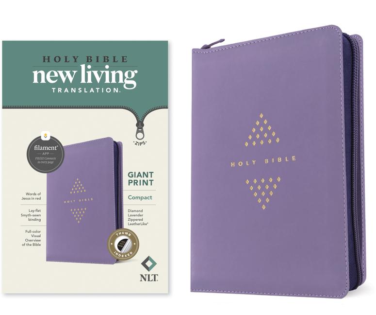 NLT Compact Giant Print Zipper Bible, Filament Enabled (Leatherlike, Diamond Lavender, Indexed, Red 