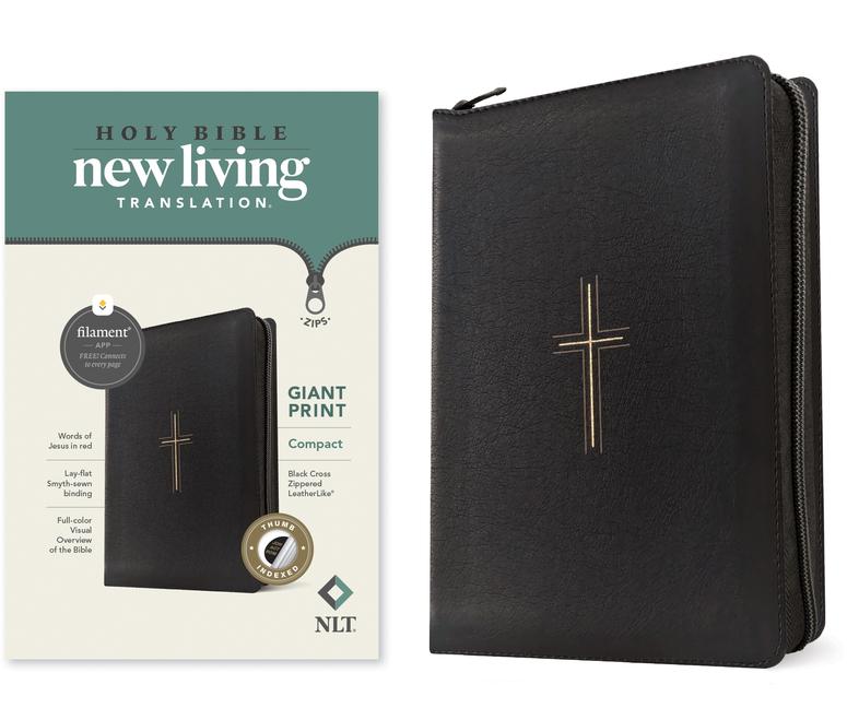 NLT Compact Giant Print Zipper Bible, Filament Enabled (Leatherlike, Black Cross, Indexed, Red Lette