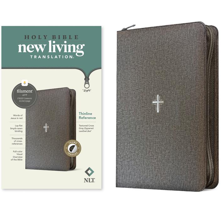 NLT Thinline Reference Zipper Bible, Filament Enabled (Leatherlike, Textured Cross Gray, Indexed, Re
