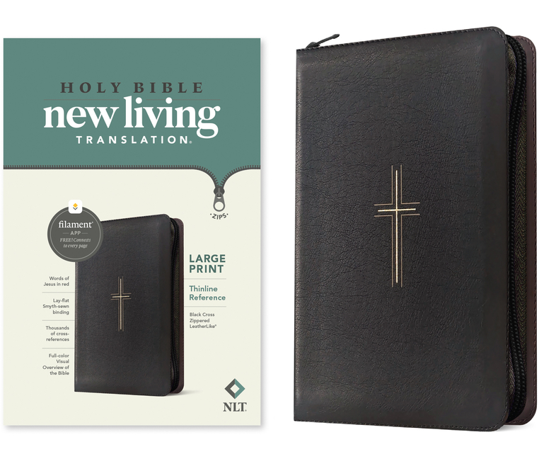 NLT Large Print Thinline Reference Zipper Bible, Filament Enabled (Leatherlike, Black Cross, Red Let