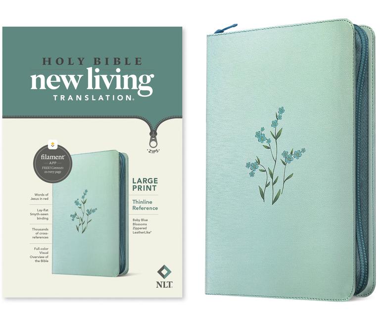 NLT Large Print Thinline Reference Zipper Bible, Filament Enabled (Leatherlike, Baby Blue Blossoms, 