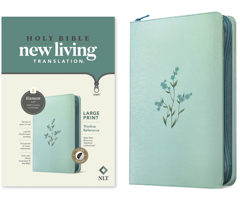 NLT Large Print Thinline Reference Zipper Bible, Filament Enabled (Leatherlike, Baby Blue Blossoms, 
