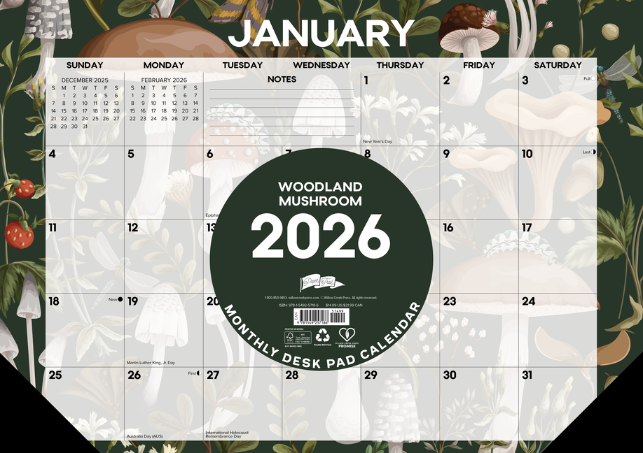 Woodland Mushroom 2026 17 X 12 Small Monthly Deskpad