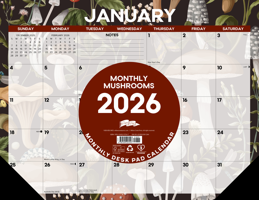 Mushrooms 2026 22 X 17 Large Monthly Deskpad