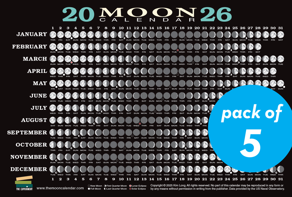 2026 Moon Calendar Card (5 Pack): Lunar Phases, Eclipses, and More!